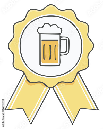 Yellow award ribbon icon with a foamy beer mug for a brewery competition or festival