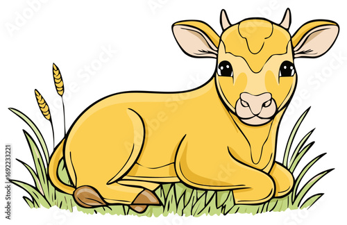 Cartoon calf lying in grass, cute animal in nature