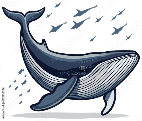 Stylized graphic illustration of a majestic whale swimming with a surreal flock of creatures
