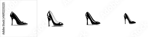 Set of black high heel shoe icons in various styles, elegant stiletto pump silhouette collection for fashion design