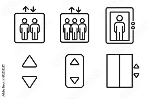 Simple elevator icon set with people and control buttons in minimalist line art style