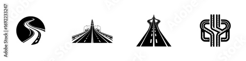 Set of black and white road and highway icons showing winding roads, multi-lane freeways, junctions, and complex interchanges for transportation and travel concepts
