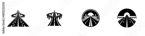 Collection of black and white road and highway icons for transportation and travel logos with interchanges, overpasses, and perspective street views