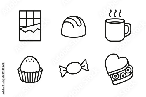 Icon set of chocolate bar, candy, cupcake, hot drink, and heart-shaped dessert