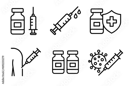 Vaccine and syringe icons: healthcare, immunization, medicine, medical protection