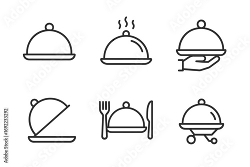 Line icons of cloche with serving tray and utensils for food service