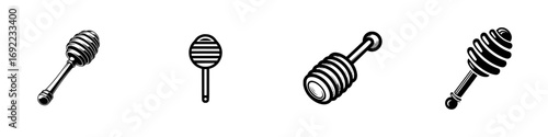 Set of black and white honey dipper icons in various artistic styles for food and kitchen design elements