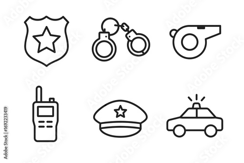 Police equipment icons: badge, handcuffs, whistle, radio, hat, patrol car