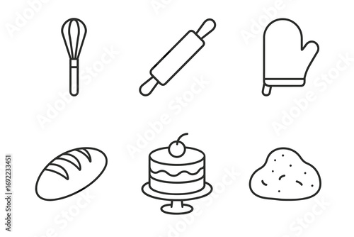 Baking utensils and desserts icons: whisk, rolling pin, oven mitt, bread, cake, dough