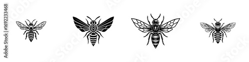 Black and white graphic collection of bee, wasp, and hornet icons in a stylized linocut design for tattoo or logo emblem