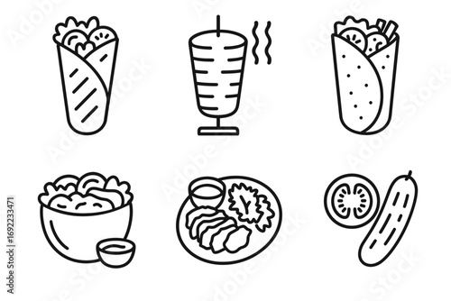 Line drawings of shawarma, döner, wrap, salad, sliced meat, vegetables