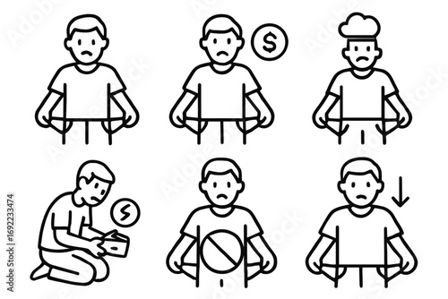 Cartoon male characters illustrating financial difficulties with empty pockets