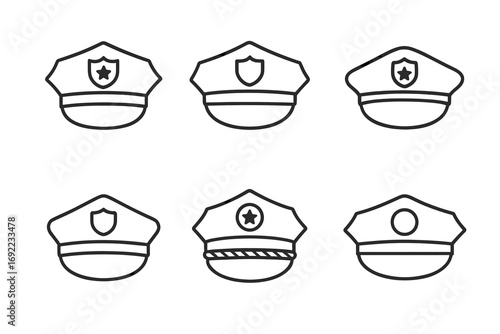 Set of six police and security guard hat icons with emblems