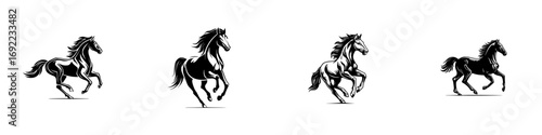 Set of four black horse silhouettes in motion, powerful running stallion logo collection for equestrian sports or company emblem isolated on a white background