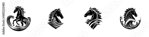 Set of four black horse and wave logo designs showing a powerful stallion silhouette combined with ocean water elements for a brand identity symbol