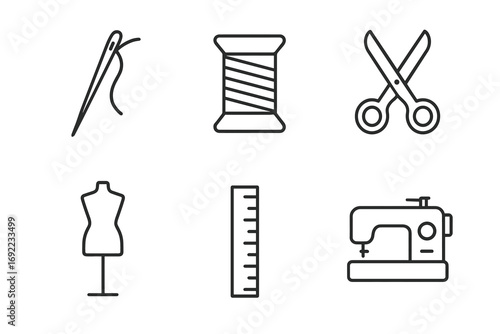 Sewing tools icons: needle, thread, scissors, mannequin, ruler, sewing machine