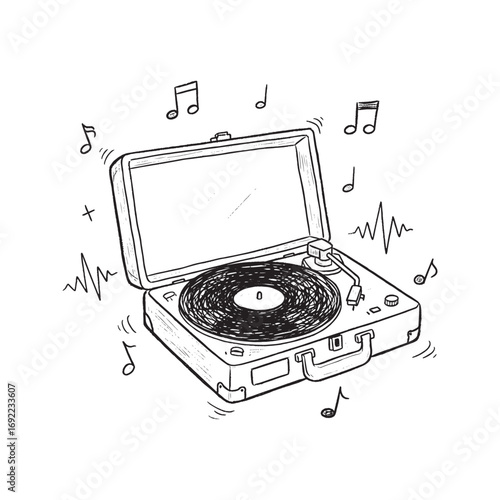 Hand drawn record player icon, vintage turntable sketch, vinyl music doodle symbol, vector line art illustration.
