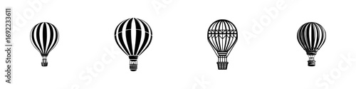 Set of four vintage hot air balloon icons in black and white silhouette style isolated on a white background