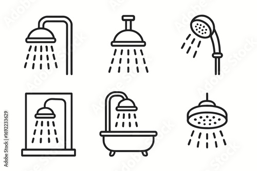 Collection of six shower icons: showerhead designs and styles