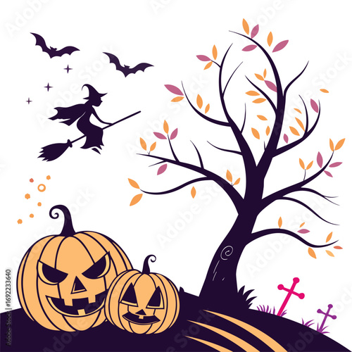 Spooky halloween scene with a witch flying over carved pumpkins and a bare tree