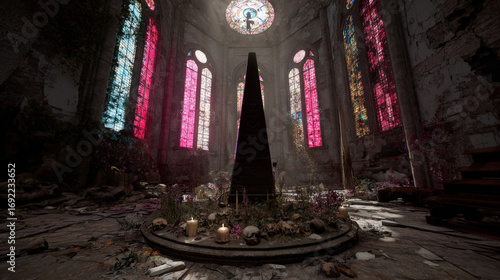 An ancient cathedral in ruins, overtaken by nature and filled with unsettling relics, where eerie stained-glass windows cast a ghostly glow. A dark ritualistic circle surrounds a pulsating black obeli