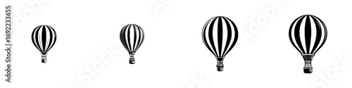 Collection of retro hot air balloon icons showing progression from small to large in a vintage monochrome woodcut style
