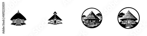 Set of traditional house icons with thatched roofs, black and white silhouette logo designs for rural or village concepts
