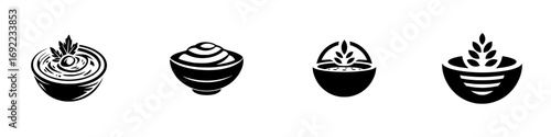 Collection of four minimalist food bowl icons featuring hummus, grains, and wheat for restaurant logos, healthy eating concepts, and graphic design elements