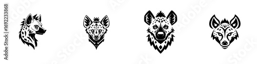 Set of four stylized hyena head icons in a black and white tribal tattoo style for logos or mascots