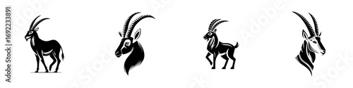 Graphic set of ibex and mountain goat icons in a bold black and white style for use as a company logo or emblem