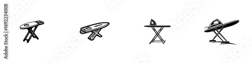Set of black silhouette ironing board icons in different positions with a flatiron for laundry and domestic housework