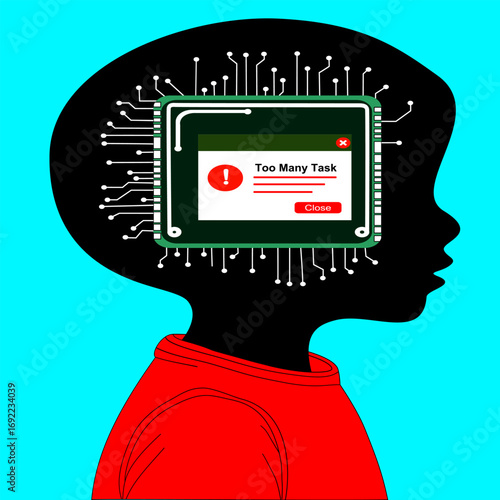 child silhouette with head shaped like a computer CPU showing error popup Too Many Tasks symbol of stress overload and academic pressure concept