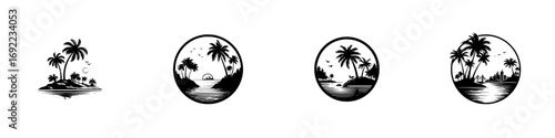 Set of tropical island palm tree silhouette logo emblems for summer vacation travel and beach themes in black and white