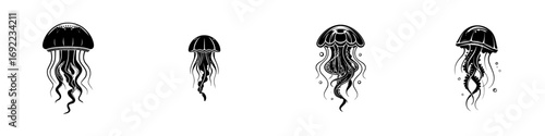 Collection of stylized jellyfish icons in black silhouette style, aquatic sea creature set for graphic design and tattoo art
