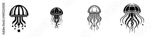 A set of four black and white stylized jellyfish icons for logos or tattoos featuring abstract marine life designs isolated on a white background