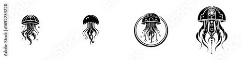 Set of four stylized black and white jellyfish icons with futuristic and robotic design elements for modern logos or abstract symbols