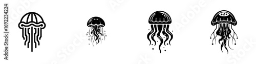 Set of four black and white jellyfish icons in a minimalist graphic style isolated on a white background