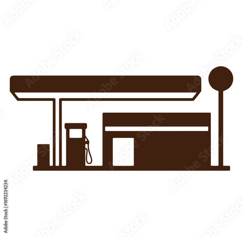 Brown silhouette illustration of a gas station building on a white background for conceptual design.