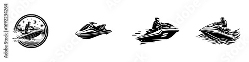 Set of black and white jet ski icons for water sports logo design, featuring a rider in action on a personal watercraft emblem