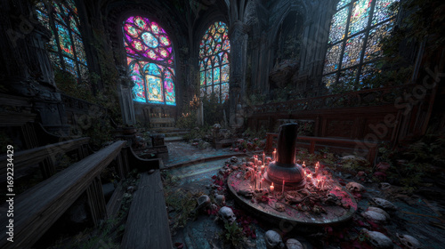 An ancient cathedral in ruins, overtaken by nature and filled with unsettling relics, where eerie stained-glass windows cast a ghostly glow. A dark ritualistic circle surrounds a pulsating black obeli