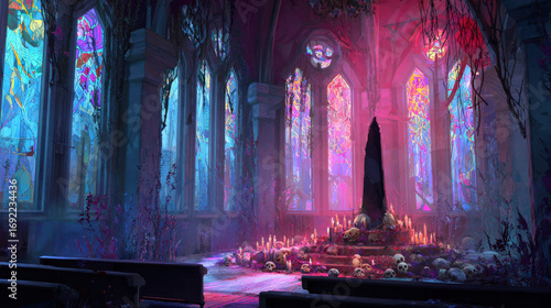 An ancient cathedral in ruins, overtaken by nature and filled with unsettling relics, where eerie stained-glass windows cast a ghostly glow. A dark ritualistic circle surrounds a pulsating black obeli