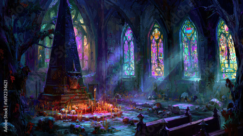 An ancient cathedral in ruins, overtaken by nature and filled with unsettling relics, where eerie stained-glass windows cast a ghostly glow. A dark ritualistic circle surrounds a pulsating black obeli