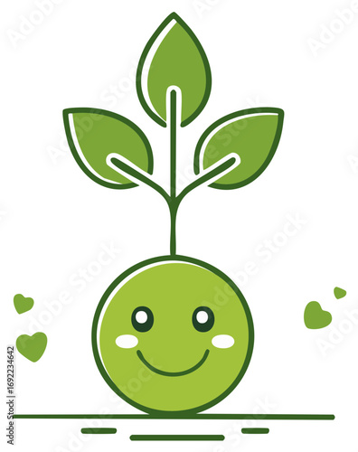 Happy Plant with Leaves and Smiling Face, Green Graphic Illustration
