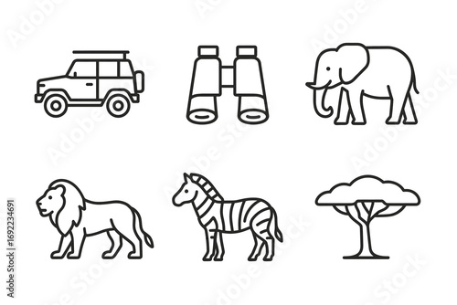 Safari adventure icons: suv, binoculars, elephant, lion, zebra, acacia tree