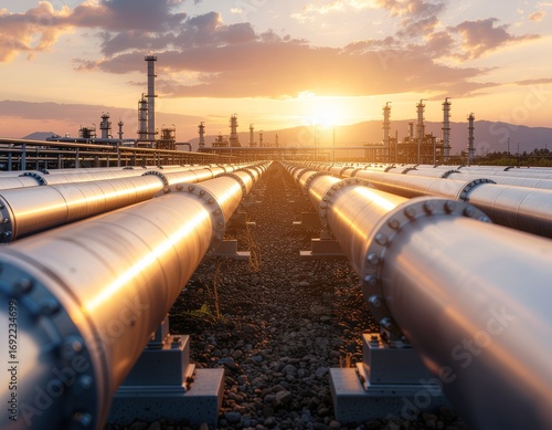Dramatic sunset illuminates the industrial landscape with pipelines stretching to the horizon for energy solutions