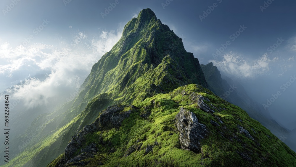 Fototapeta premium Lush mountain peak piercing a hazy sky. Verdant slopes ascend towards a dramatic summit, shrouded in morning mist