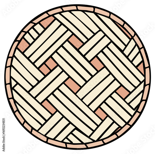 Top down view of a traditional baked pie with a decorative basket weave crust