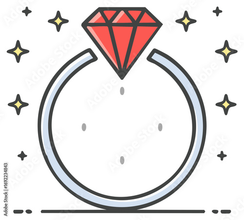 Sparkling red diamond engagement ring vector icon illustration