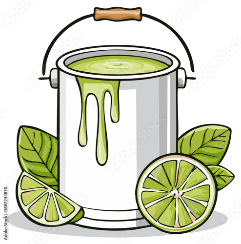 Lime paint bucket splashing with lemons and leaves hand drawn vector illustration