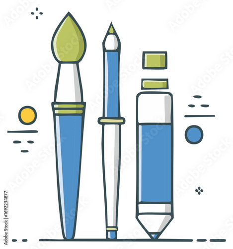 Set of artistic tools including a paintbrush, pen, and marker in a flat design style
